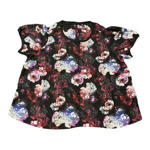 Torrid Shirt Womens 2 Black Floral Short Sleeve Keyhole Back Plus Blouse